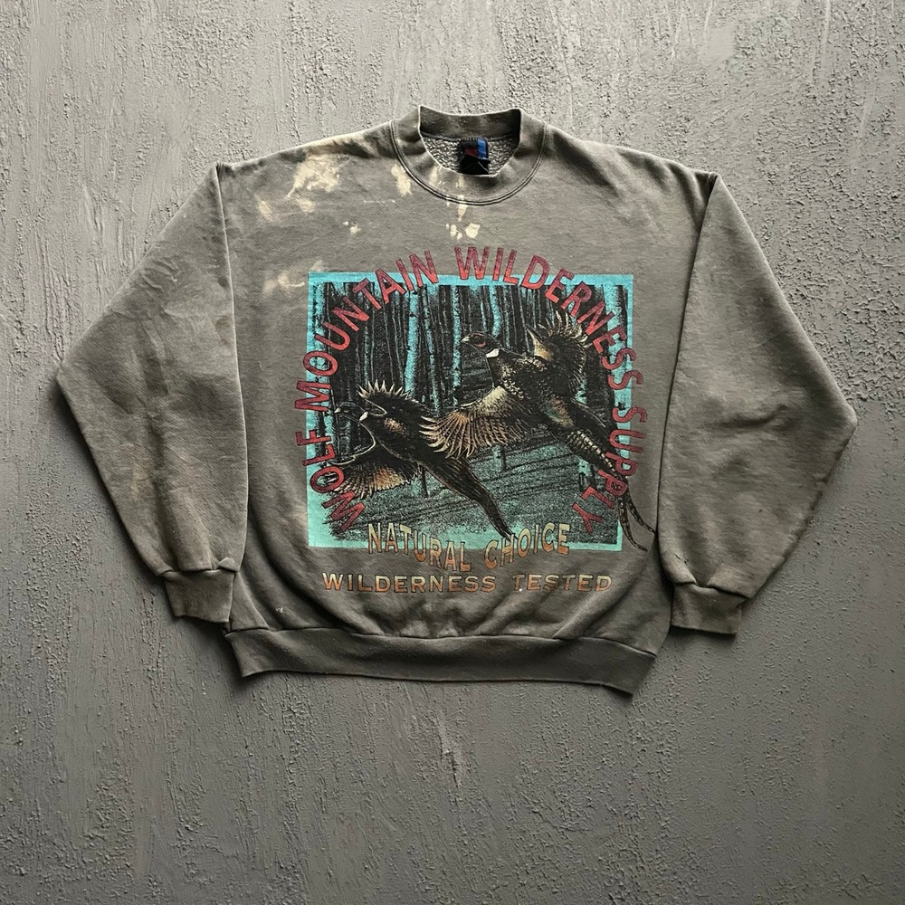 Vintage Wolf Mountain Wilderness Graphic Sweatshirt Mens Large Grey 90s Sun
